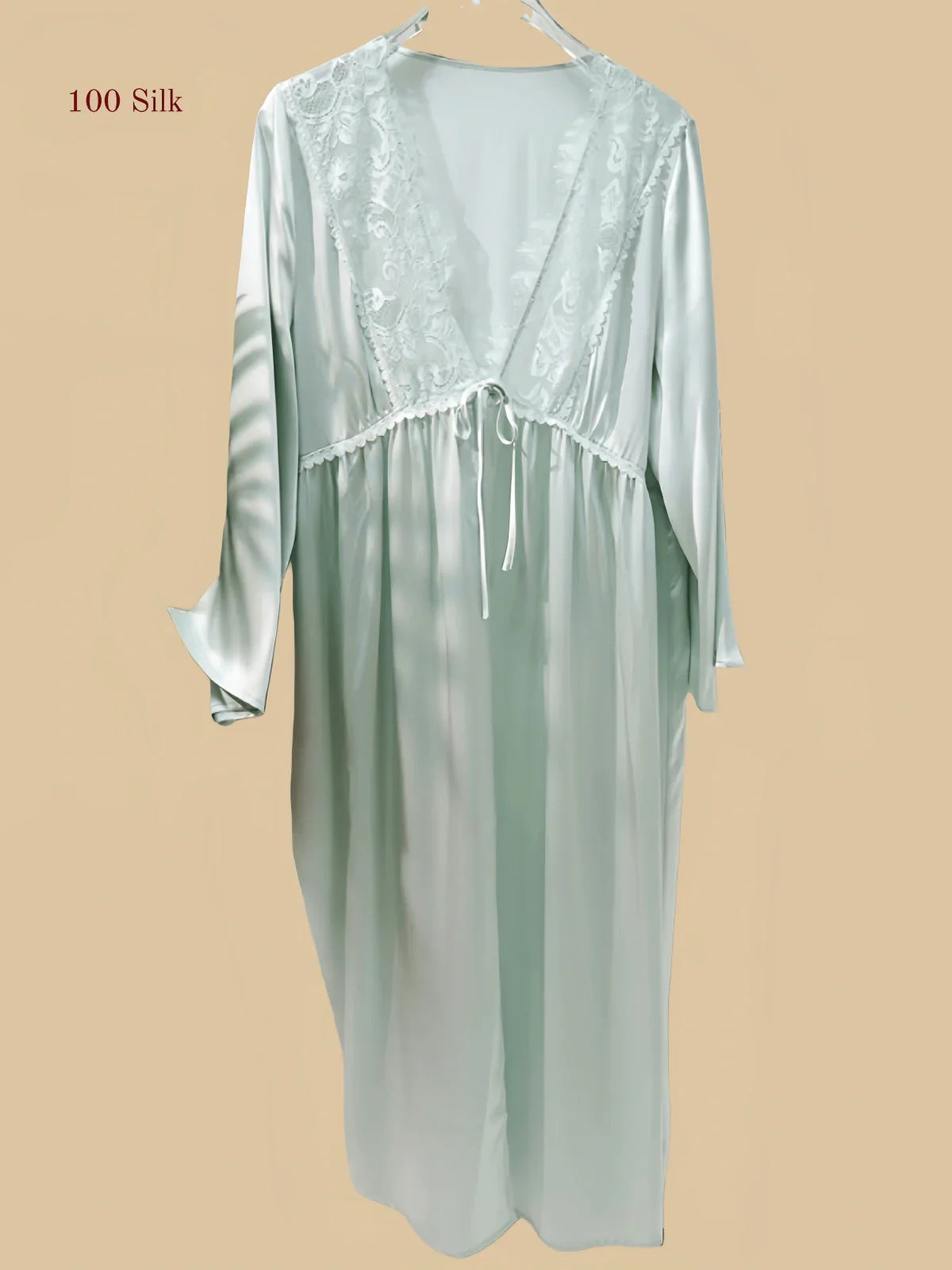 100% Mulberry Silk 19Momme V-Neck Midi Nightgown & Robe with Lace Design