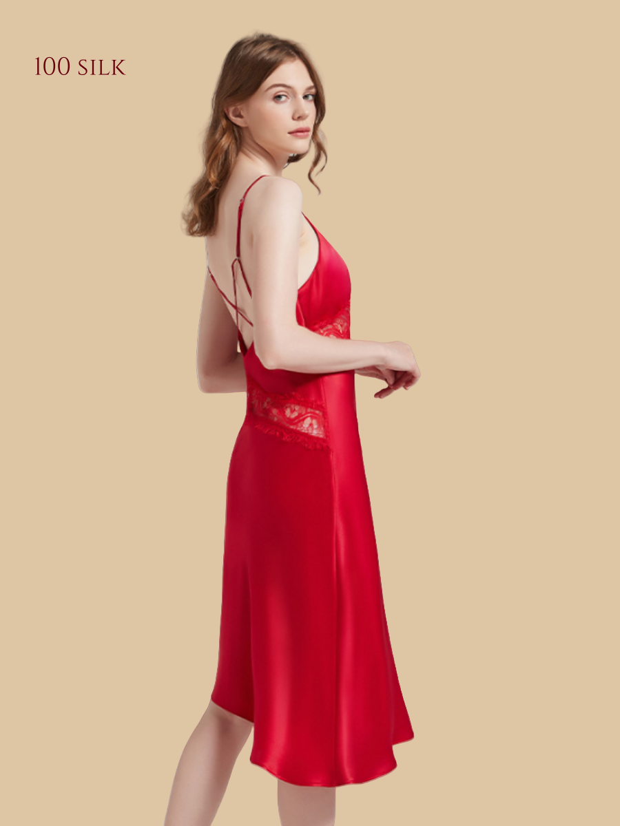 100% Mulberry Silk 19Momme Lace-Waist Nightgown with Criss-Cross Back