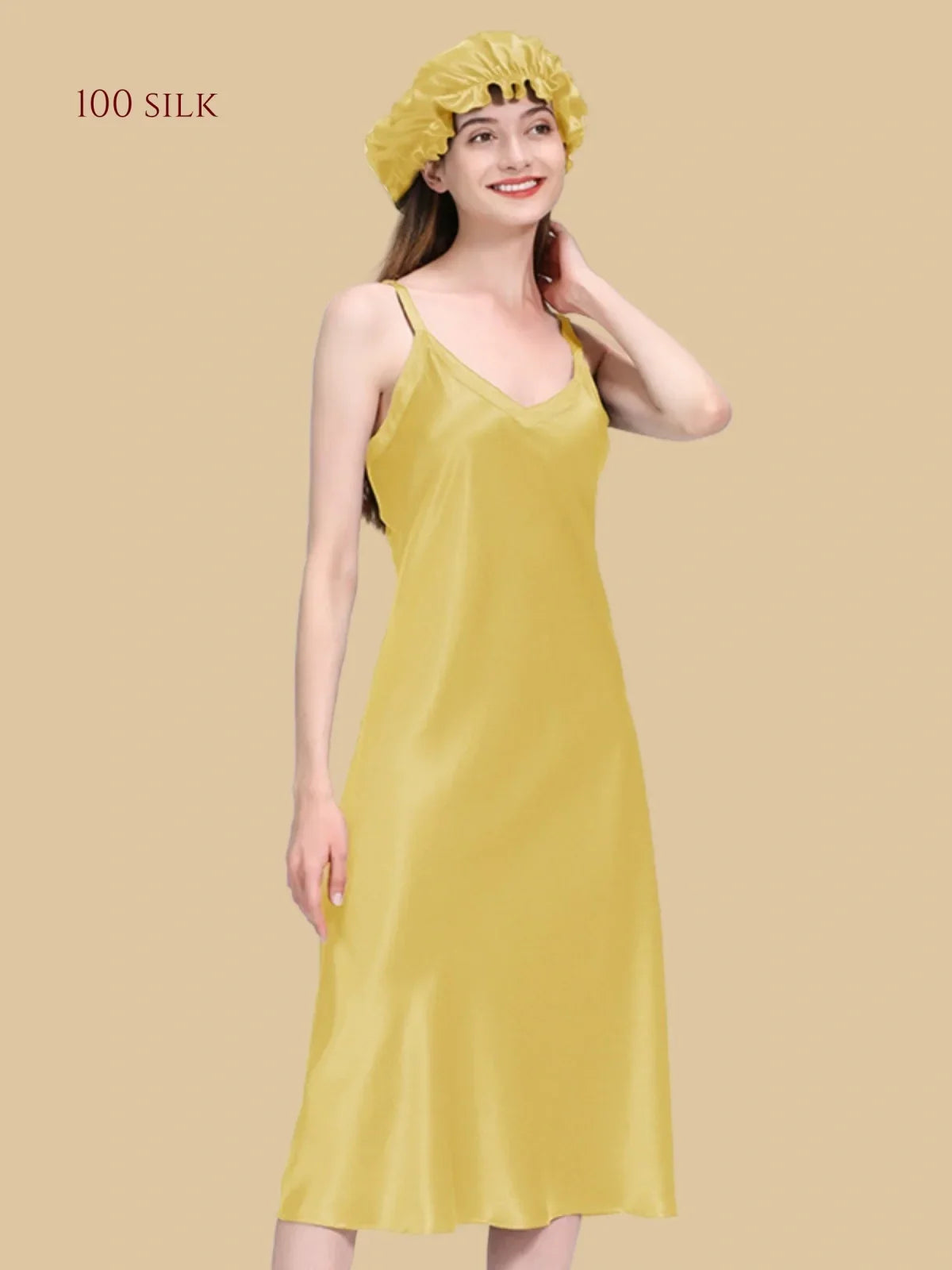 100% Mulberry Silk 22Momme V-Neck Spaghetti Strap Midi Nightgown