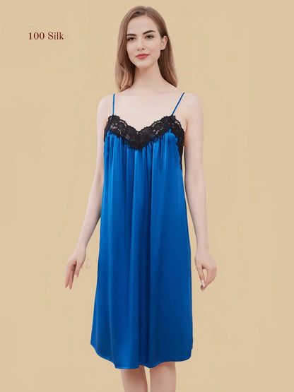 100% Mulberry Silk 19Momme V-Neck Midi Nightgown &amp; Robe with Lace Design