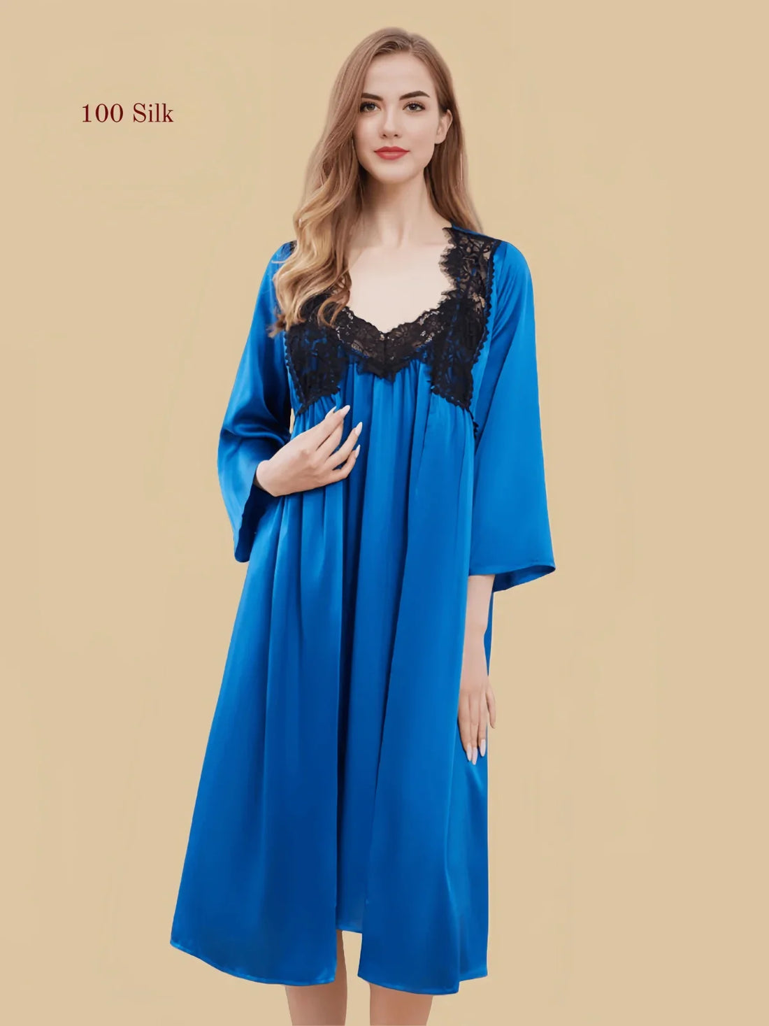 100% Mulberry Silk 19Momme V-Neck Midi Nightgown & Robe with Lace Design