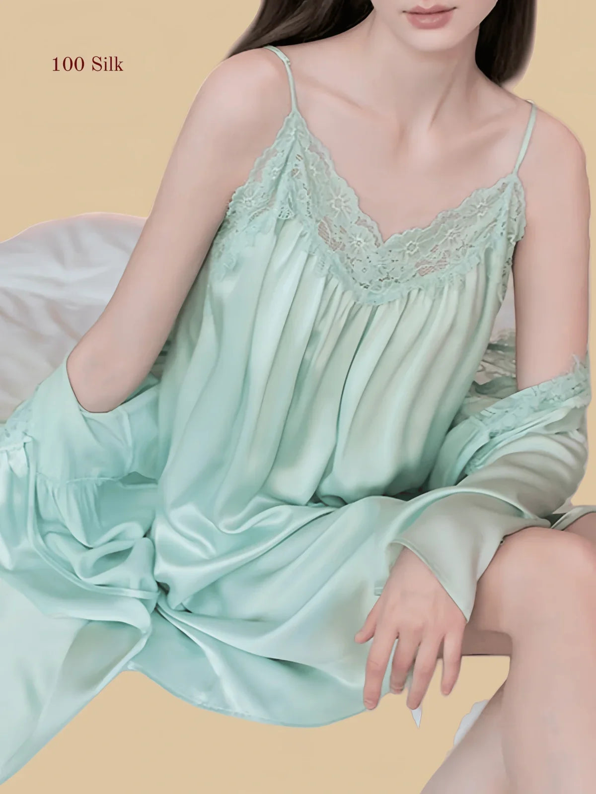 100% Mulberry Silk 19Momme V-Neck Midi Nightgown &amp; Robe with Lace Design