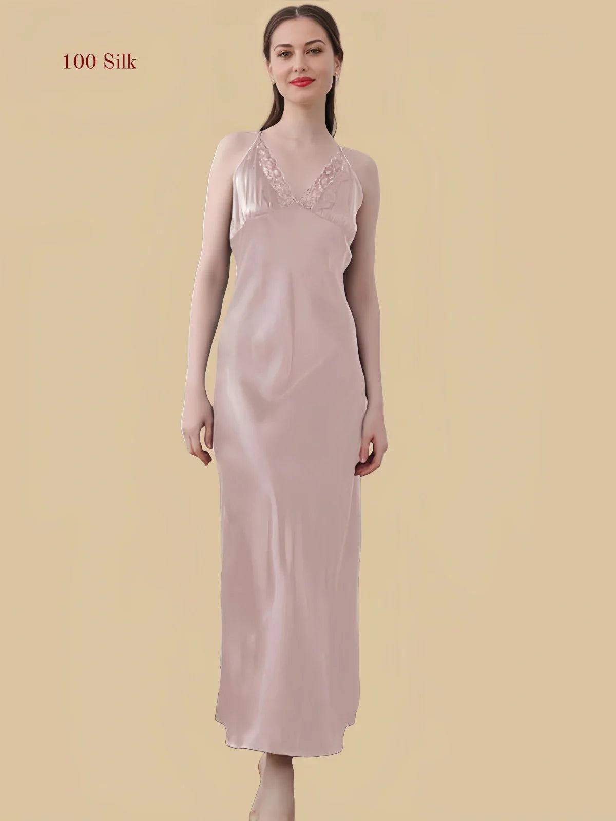 100% Mulberry Silk 19Momme V-Neck Maxi Nightgown with Lace Cross Back Design
