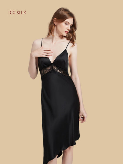 100% Mulberry Silk 19Momme Lace-Waist Nightgown with Criss-Cross Back