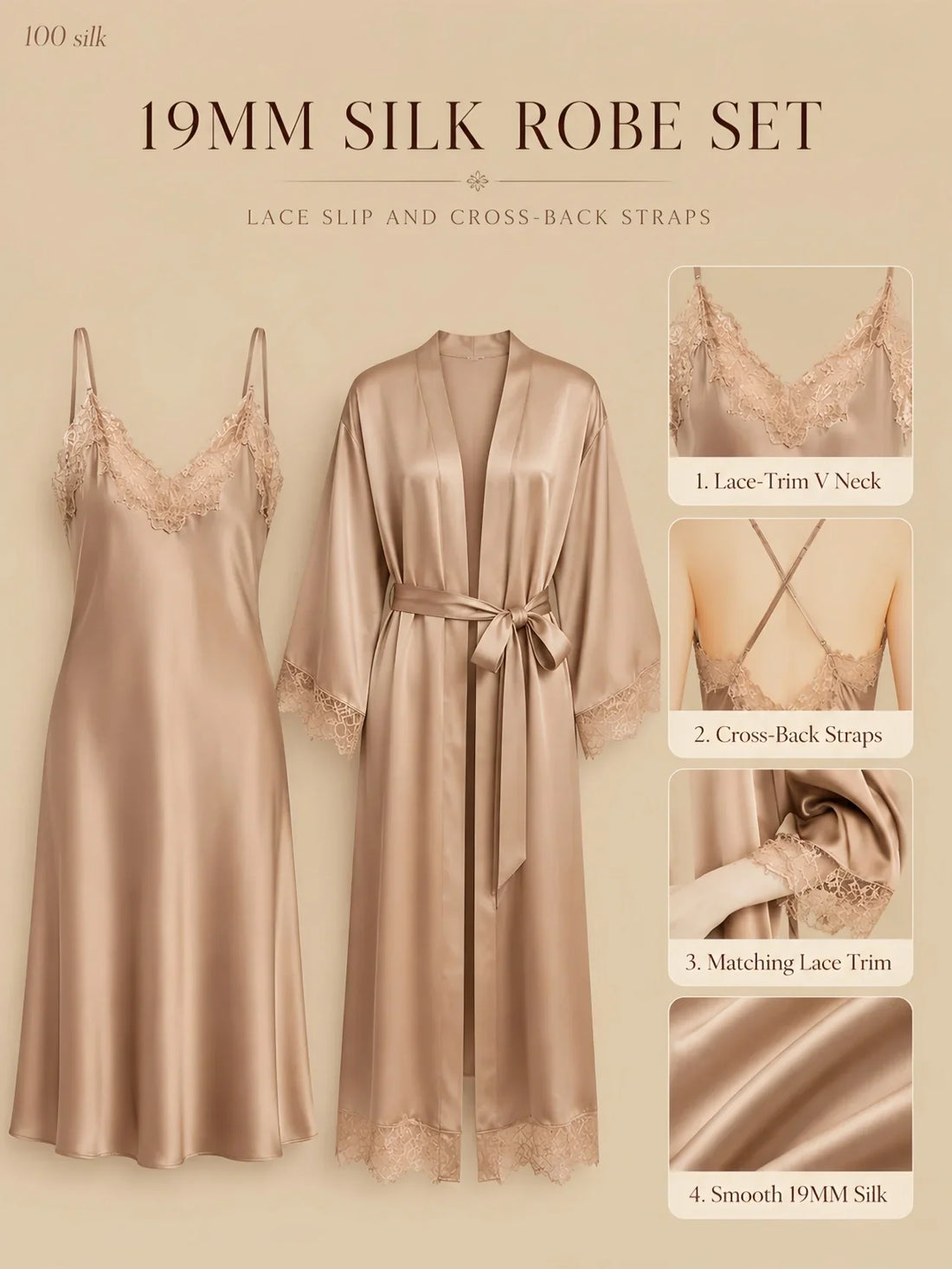 100% Mulberry Silk 19Momme Lace Trim Nightgown &amp; Kimono Robe Set