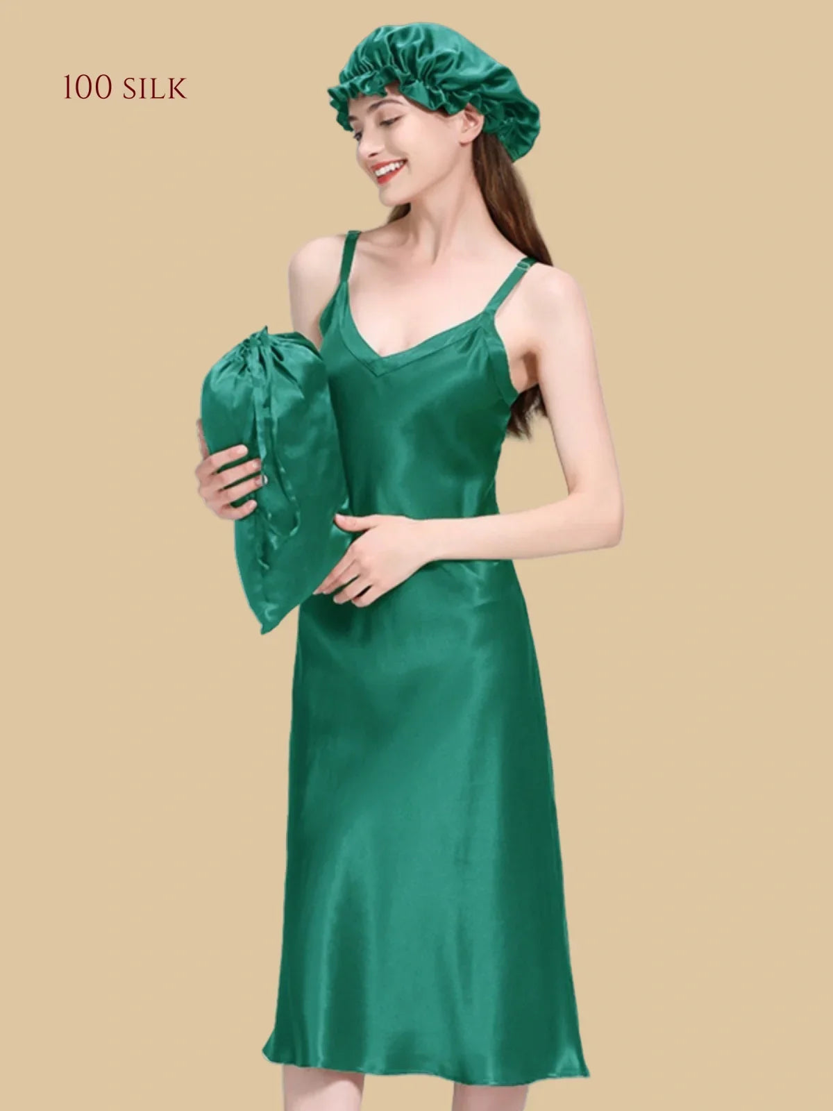 100% Mulberry Silk 22Momme V-Neck Spaghetti Strap Midi Nightgown