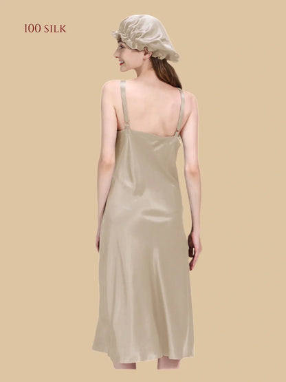 100% Mulberry Silk 22Momme V-Neck Spaghetti Strap Midi Nightgown